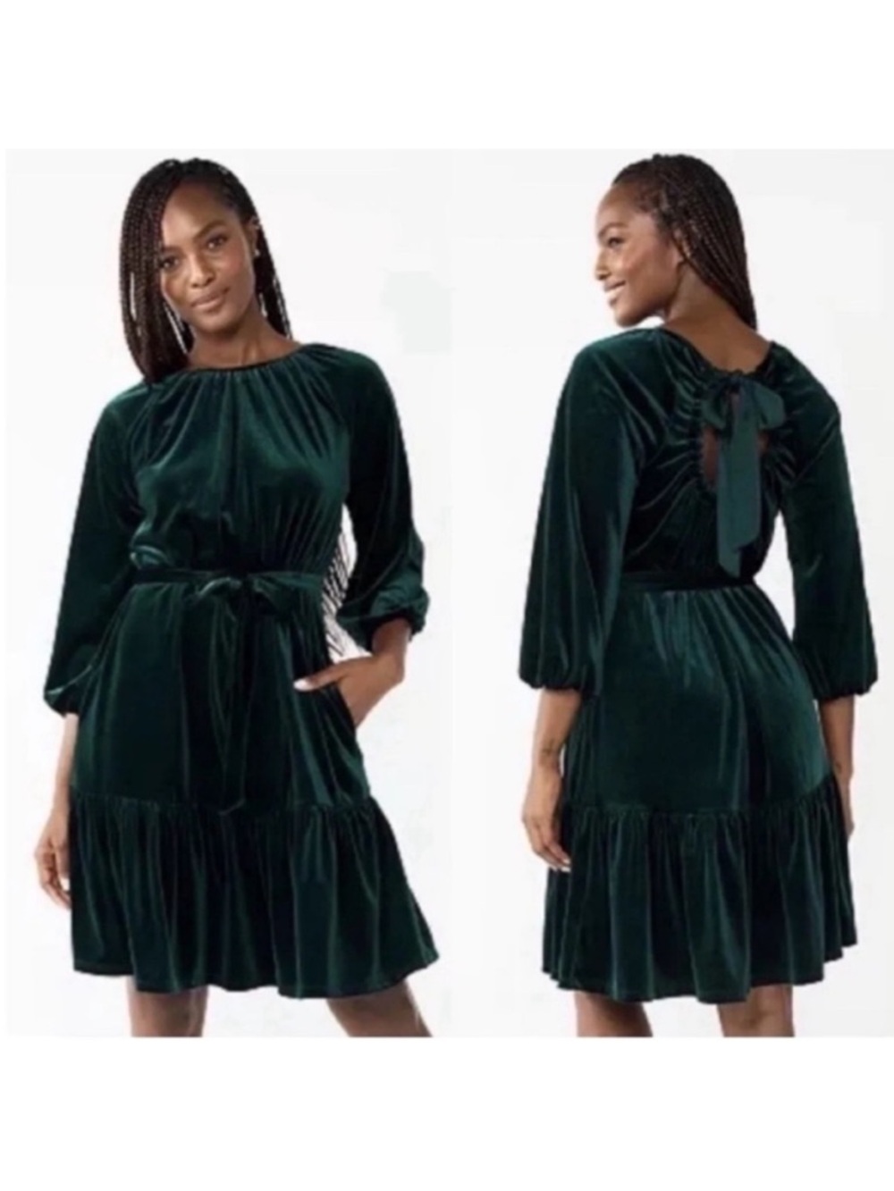 Draper James RSVP long sleeve tiered bow back green velvet dress